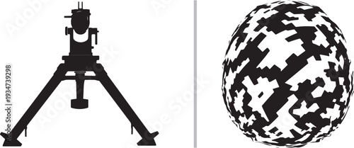 Vector graphic featuring a black silhouette of a military weapon tripod on the left and a pixelated camouflage-patterned helmet on the right, separated by a vertical gray line.