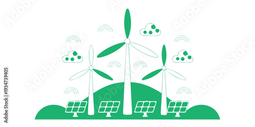 Sustainable green energy illustration with wind turbines and solar panels on a green hill for eco-friendly concepts.