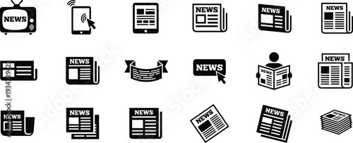 News media and newspaper icon set, digital press broadcast headline vector collection isolated