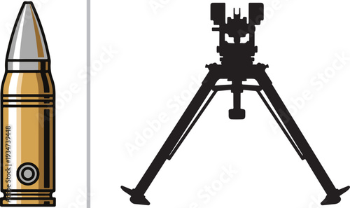 A vector graphic featuring a detailed gold and silver bullet on the left and a black silhouette of a weapon tripod on the right, separated by a vertical gray line.