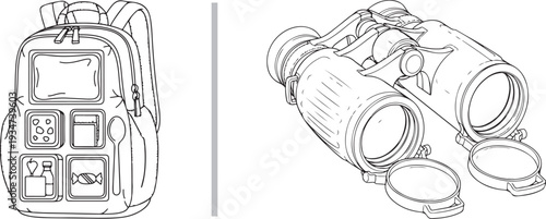 Line art vector featuring a backpack with survival gear compartments and a pair of professional binoculars. Perfect for hiking, camping, and outdoor adventure themes.