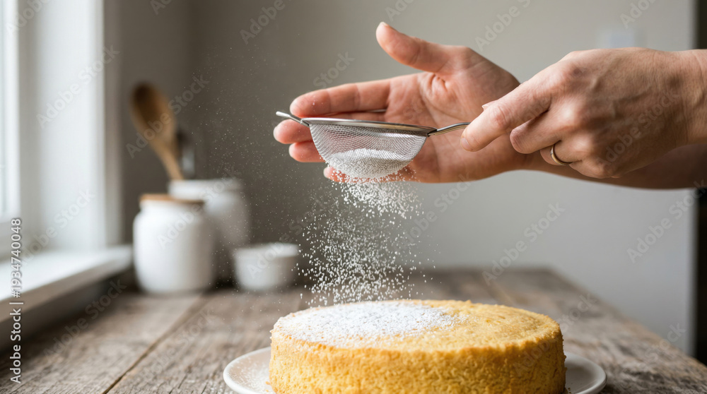 Obraz premium Hands dusting cake with powdered sugar using sieve