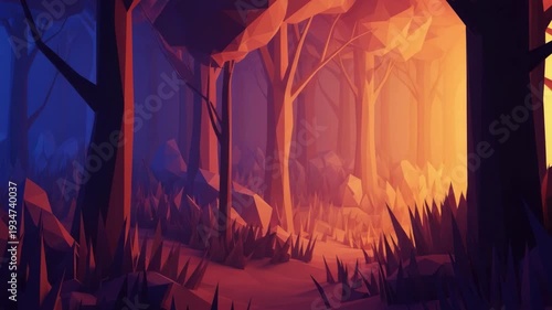 Stylized forest illustration with sunlight and geometric shapes