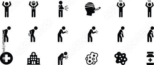Sick symptoms and medical icon set, illness fever cough silhouette vector collection