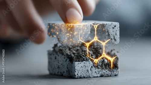 A hand touches a glowing concrete block with a honeycomb pattern