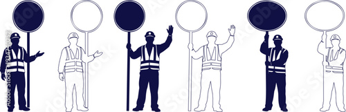 Road worker holding stop and go sign set, construction worker vector illustration, safety first concept, full-length characters, isolated on transparent background