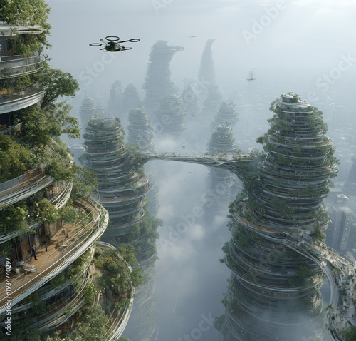 Floating towers embrace nature with lush greenery. Drones glide between structures in serene mist. People stroll along paths, enjoying peaceful surroundings. This vision blends sustainability