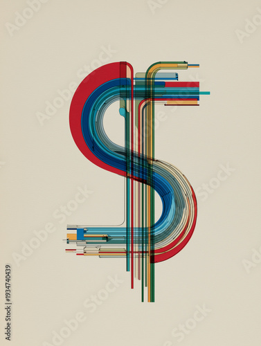 Abstract art features bold, flowing lines in red, blue, and green. Curved shapes form a stylized, dynamic symbol against a neutral background. Color layers suggest motion and energy