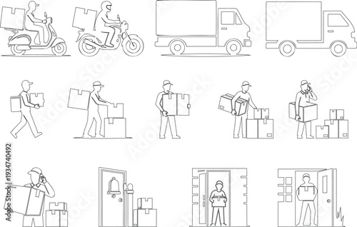 Courier and last mile delivery outline set – scooter truck parcel and doorstep service vector