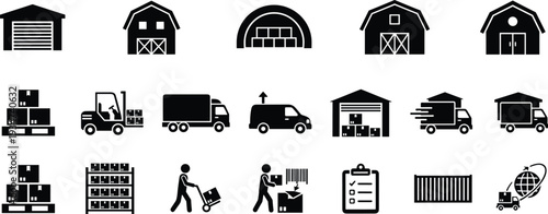Warehouse and logistics icon set, delivery truck storage shipping silhouette vector collection