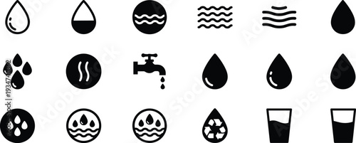 Water drop and liquid icon set, hydration wave faucet recycle silhouette vector collection