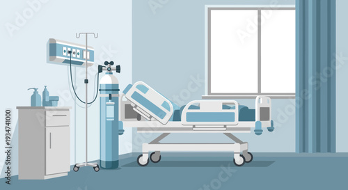 Hospital Room Depiction Illustration Featuring Medical Bed, Oxygen Tank, and Hospital Equipment