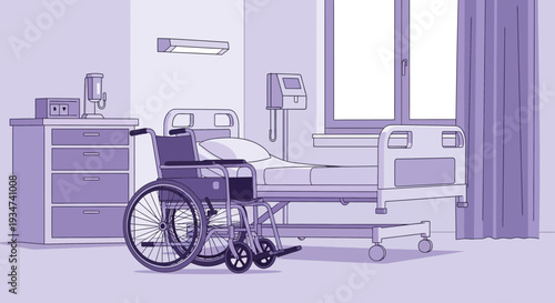 Hospital Room Depiction Illustration Featuring Wheelchair And Medical Bed In Pale Tones