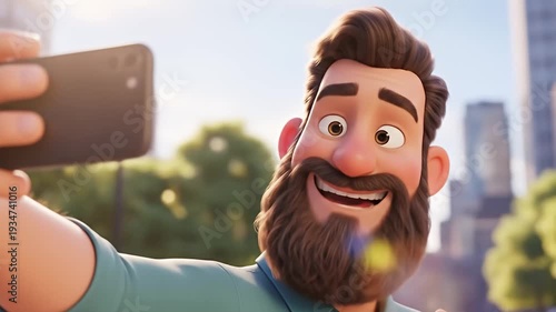 Animated Man Takes a Selfie with Smartphone in City.