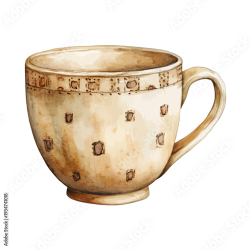 Watercolor Rustic Ceramic Mug with Decorative Geometric Pattern Clipart Vector for Tea and Coffee
