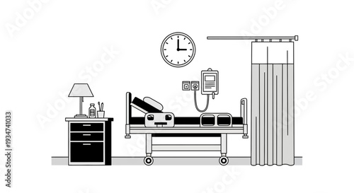 Hospital Room Depiction Illustration Of A Patient Bed, Clock, And Medical Equipment