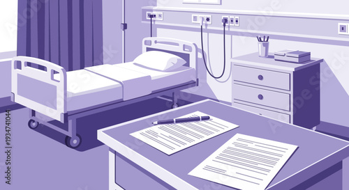 Hospital Room Depiction Illustration Of A Patient's Bed And Documents On A Table
