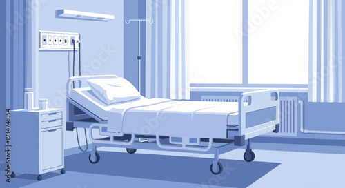 Hospital Room Depiction Illustration Of A Patient's Bed With Blue Tones And Shadows