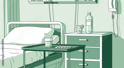 Hospital Room Depiction Illustration Of Medical Equipment And Patient Bedside