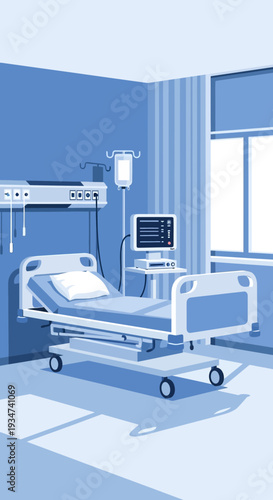 Hospital Room Depiction: Illustrative Medical Bedside with Modern Equipment and Clinical Ambiance