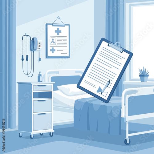 Hospital Room Illustration Featuring Medical Chart, Bed, and Essential Healthcare Elements