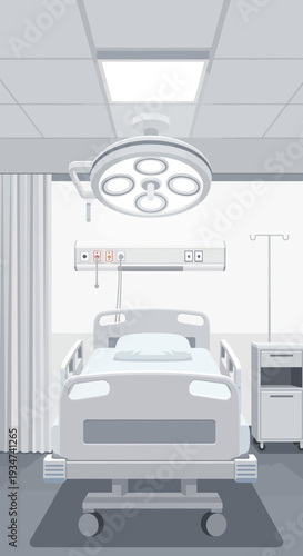 Hospital Room Depiction: Sterile Environment Featuring Bed, Medical Equipment, and Bright Lighting