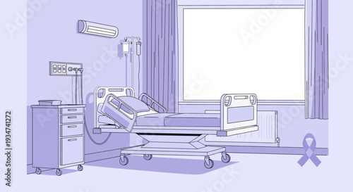 Hospital Room Illustration Featuring Medical Equipment And A Supportive Ribbon Symbol