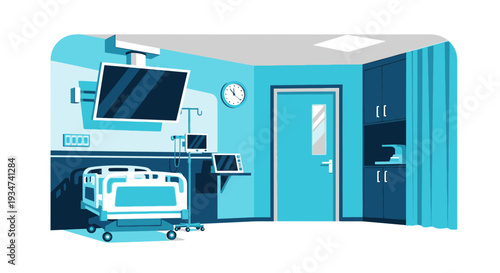 Hospital Room Illustration Featuring Medical Equipment and Furnishings with Blue Tones