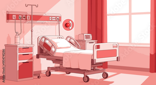 Hospital Room Depiction With Bed And Medical Equipment In A Minimalist Style