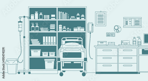 Hospital Room Depiction With Furniture and Medical Supplies, Vector Design.