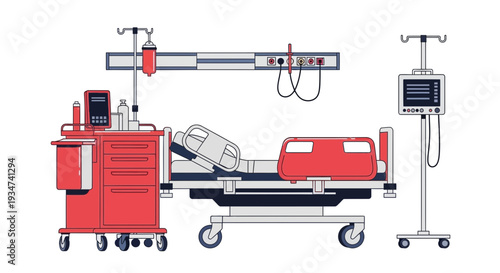 Hospital Room Illustration Featuring Medical Equipment And Hospital Bed Detailed View
