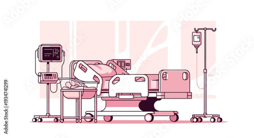 Hospital Room Illustration Featuring Medical Equipment And Patient Bed For Healthcare Themes