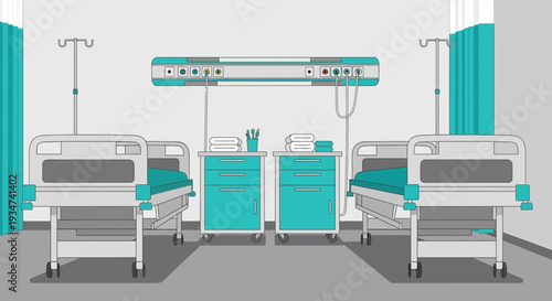 Hospital Room Illustration Featuring Two Beds And Medical Equipment In A Clean Environment