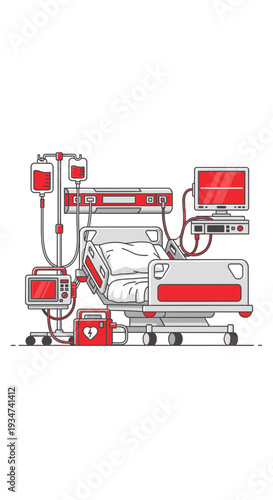 Hospital Room Illustration: Medical Bed Surrounded by Monitoring Equipment Depiction