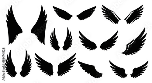 Collection of Black Angel Wings Silhouettes Isolated on White Background.