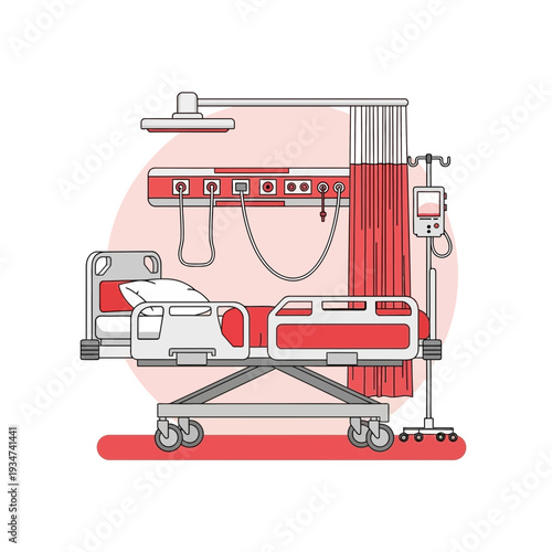 Hospital Room Illustration: Medical Bed, Equipment and Curtains with a Modern Aesthetic Design