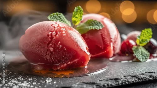 Close up of refreshing sorbet dessert with mint garnish and vapor