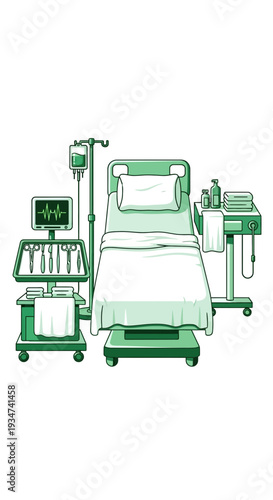 Hospital Room Illustration Depicting Medical Equipment and Patient Bed with Healthcare Focus