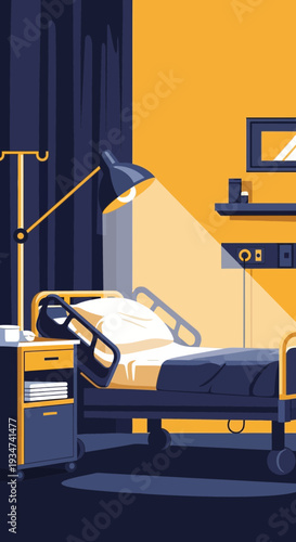 Hospital Room Illustration: Modern Interior Design, Patient Bed, Medical Equipment, Sterile