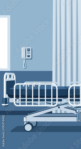 Hospital Room Illustration: Modern Design Featuring Bed, Curtain, and Wall Fixtures