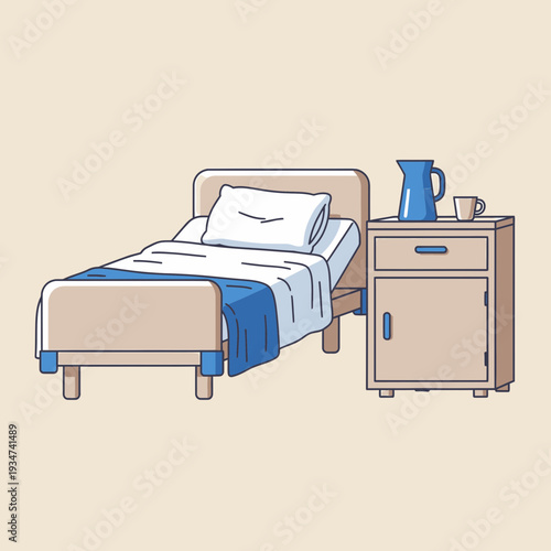 Hospital Room Illustration Featuring A Bed, Bedside Table, Pitcher, And Cup For Healthcare Purposes