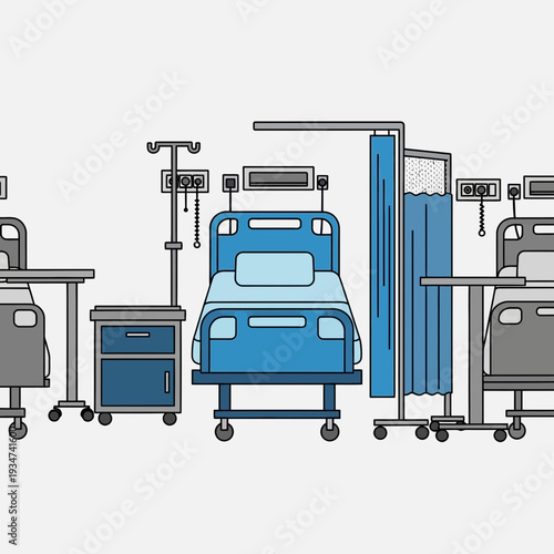 Hospital Room Illustration Showcasing Medical Beds, Equipment, And Patient Care Environment