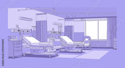 Hospital Room Illustration Showcasing Medical Beds and Essential Equipment For Healthcare