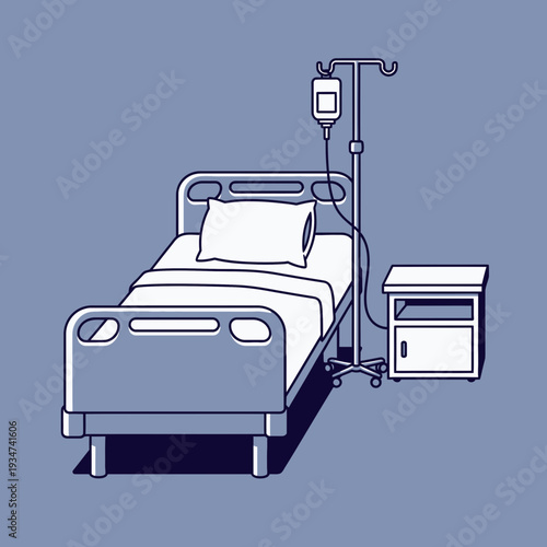 Hospital Room Illustration Featuring Empty Bed, Intravenous Drip, And Bedside Cabinet In A
