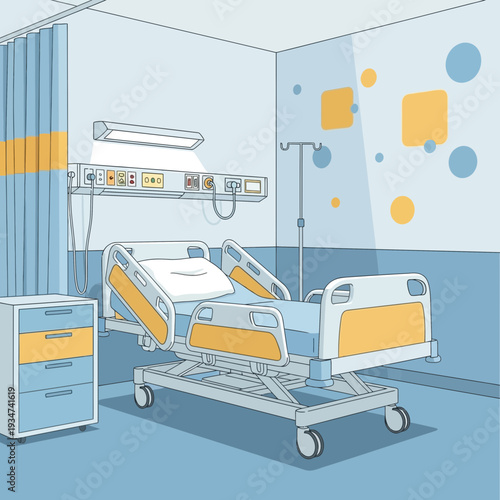 Hospital Room Illustration Featuring Medical Bed and Equipment for Healthcare and Patient Care