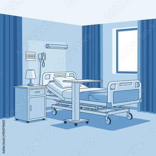 Hospital Room Illustration Showcasing Medical Equipment and Patient Bed with Adjustable Features