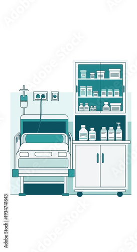 Hospital Room Illustration Featuring Medical Bed, Cabinet, and Essential Treatment Supplies