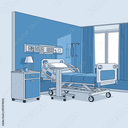 Hospital Room Illustration Showing Medical Equipment, a Bed, and a Lamp in a Modern Style