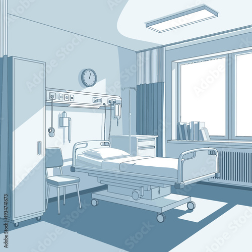 Hospital Room Illustration Featuring Medical Bed, Cabinet, and Window with Natural Light