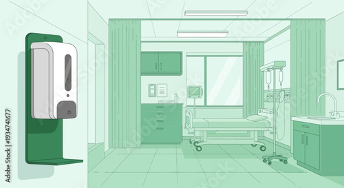 Hospital Room Interior Featuring Medical Equipment and A Hand Sanitizer Dispenser